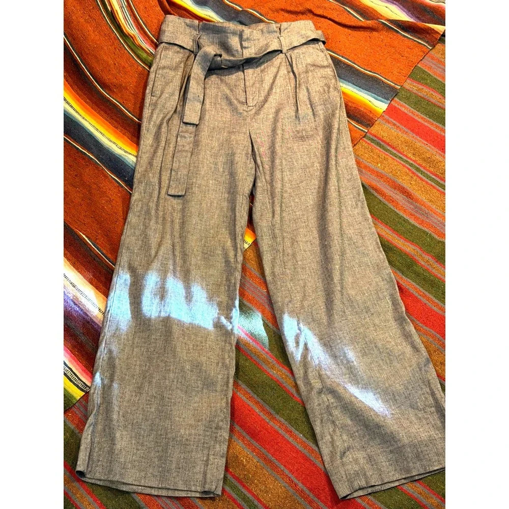 Banana Republic Pants Womens 8 Gray Black Linen Paperbag Belted Twill Wide Leg